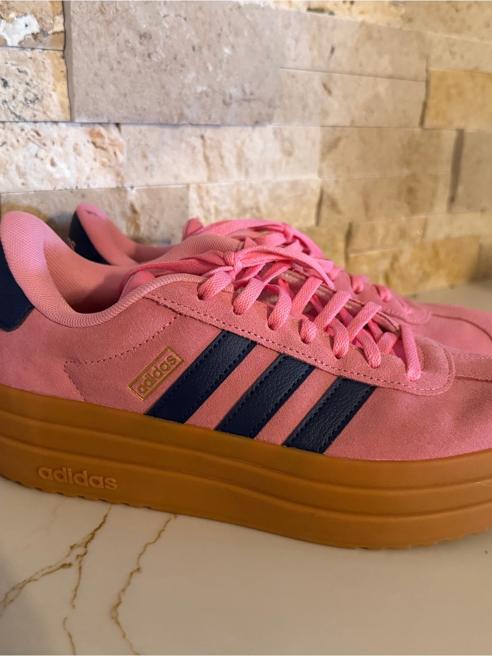 adidas Pink Suede Platform Sneakers with Navy Stripes and Gum Sole - Picture 4 of 4